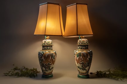 Pair of Impressive Antique Asian Copper Enameled Jar Lamp on Stands