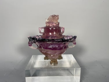 Antique Asian Hand-Carved Natural Amethyst/Fluorite Lidded Incense Burner