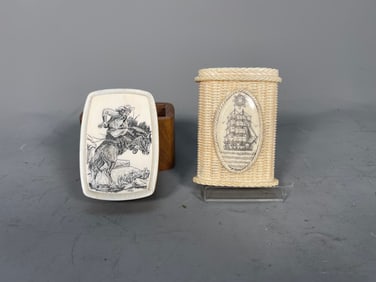 Two Vintage Bone Carved Basket & Wooden Boxes