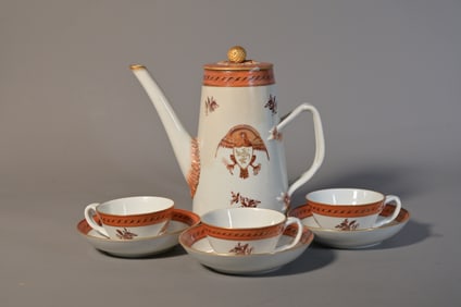 Group of 8 Antique Chinese Export Porcelain Tall Teapot, Cups & Saucers w/Armorial & Federal Eagle
