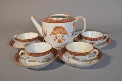 Group of 9 Antique Chinese Export Porcelain Teapot, Cups & Saucers w/Armorial & Federal Eagle