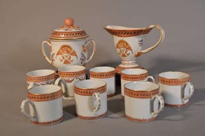 Group of 11 Antique Chinese Export Porcelain Cream & Sugar Set & Coffee Cups w/Armorial & Federal