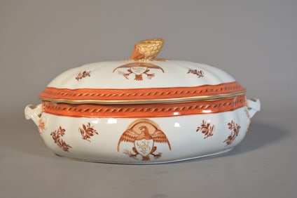 Antique Chinese Export Covered Porcelain Soup Bowl w/Armorial & Federal Eagle