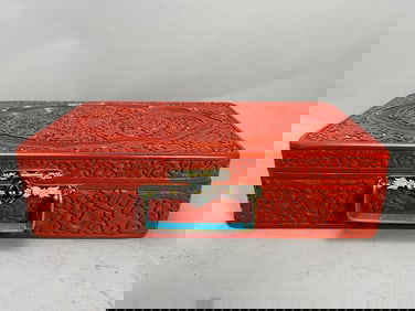 Vintage Chinese Red Cinnabar Lacquer Carved Suitcase with Cloisonne Handle