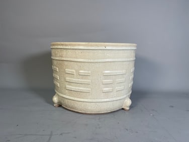 Vintage Chinese Crackle Celadon Glaze Pottery Cylindrical Tripod Censer