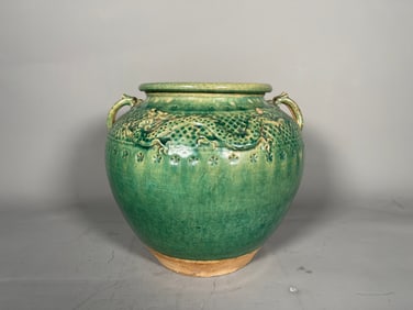 Antique Chinese Green Glazed Ceramic Pottery w/Twins Dragon Relief Jar