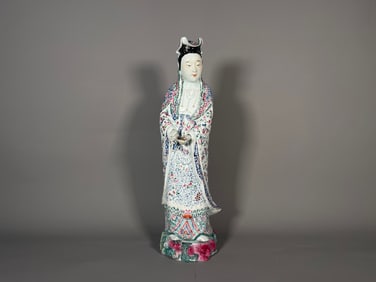Large Antique Chinese Famille Rose Porcelain Kuanyin Figurine Sculpture with Mark