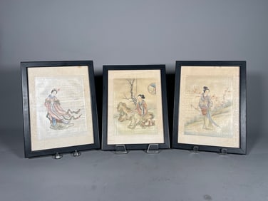 Three Framed Vintage Chinese Original Hand-Painted Paintings on Silk