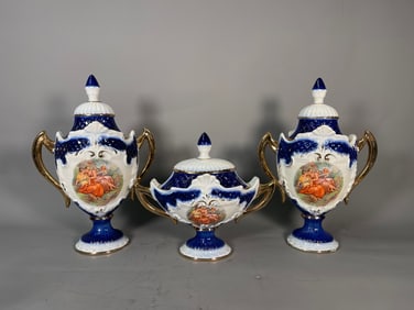 Lot of 3 Vintage Italian Cobalt Blue & Gold Pottery Lidded Urns &  Soup Tureen