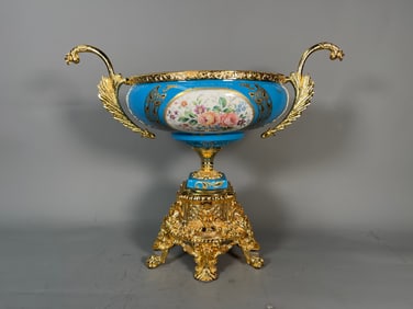 Vintage Italian Sevres Style Turquoise Blue Porcelain & Gilt Bronze Vase