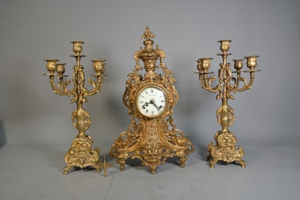 Stunning Vintage Imperial Italian Gilt Bronze Mantle Clock & Pair of Candlesticks