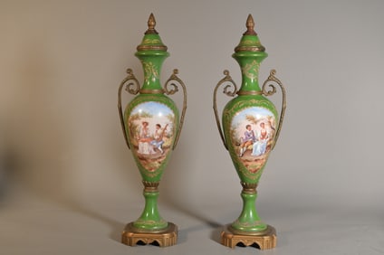 Gorgeous Pair Vintage French Style Hand-Painted Green Porcelain & Bronze Vases Urns