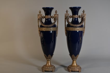 Pair of Vintage French Style Bronze Mounted Cobalt Blue Porcelain Vases