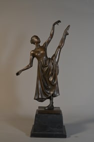 Vintage Bronze Copper Material Ballet Dancer Figurine Statue on Marble Base, Signed RENE