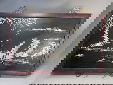 Vintage Asian Black Lacquer Wood Wall Panel with Mother of Pearl Inlay