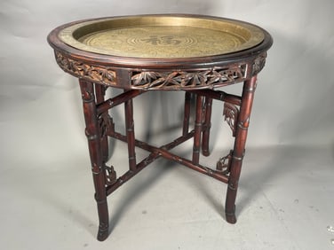 Vintage Hong Kong Etched Brass Tray with Circular Rosewood Carved Table Top & Stand