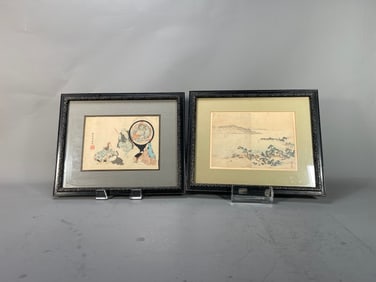 Two Framed Meiji Period Antique Japanese Woodblock Prints from Bijutsu Sekai, Signed