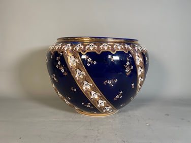 Fine Vintage Large Enameled Earthenware Cachepot with Hand-Painted Flowers