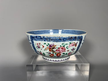 Antique Chinese Export Famille Rose Porcelain Punch Bowl w/ Floral & Bird Designs