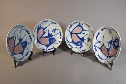 Lot of 4 Antique Chinese Blue & White & Iron Red Porcelain & Pottery Koi Carp Fish Plates