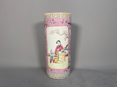 "Qianlong" Mark Antique Chinese Famille Rose Enameled Porcelain Brush Pot/Hat Stand w/ Figures Scene