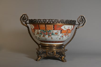 Extra Large Antique Japanese Imari Porcelain Bowl w/Bronze Mounts