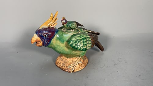 Rare Antique Chinese Crackle Multi-Colors Ceramic Parrot Teapot w/Maker Stamp