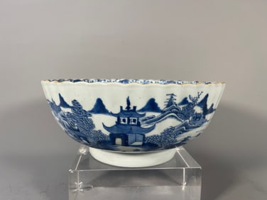 Large Antique Chinese Export Blue & White Porcelain Punch Bowl