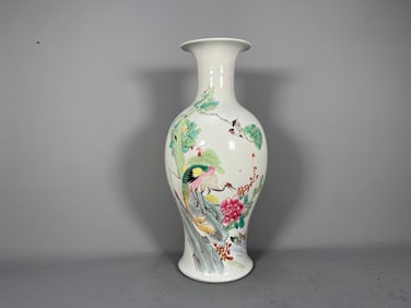 Large Antique Chinese Famille Rose Porcelain Vase w/Crane, Bird & Flowers Motifs