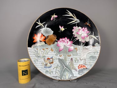 Stunning Extra Large Vintage Chinese Famille Noire  Porcelain Plate, Marked