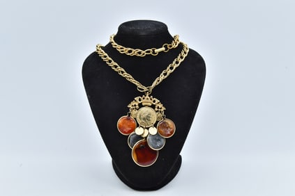 Vintage Florenza Gold Intaglio Agate Coin Charm Necklace Napoleon Empereur