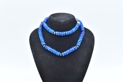 Vintage Blue Lapis Lazuli Round Disc Beads Sterling Silver Necklace