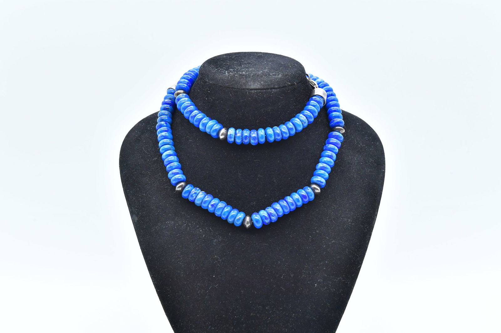 Vintage Blue Lapis Lazuli Round Disc Beads Sterling Silver Necklace (1 of 7)