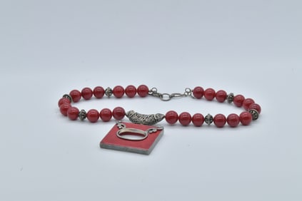 Unique Vintage Designer Red Cranberry Gemstone Beads & Sterling Silver Necklace