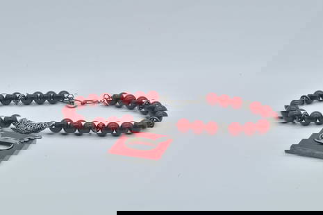 Unique Vintage Designer Red Cranberry Gemstone Beads & Sterling Silver Necklace: Unique Vintage Designer Red Cranberry Gemstone Beads & Sterling Silver Necklace. Necklace length 18", Beads diameter 14mm, Pendant size 2"L x 1"3/4W, Total weight 140g, (Stand Not Included)