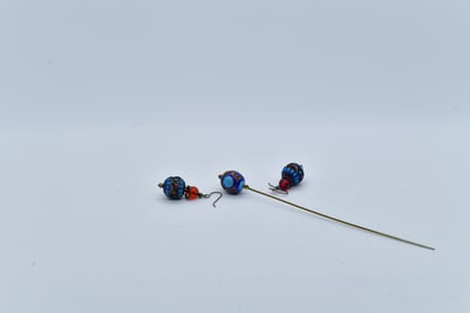 Exquisite Antique Chinese Blue Cloisonne Enamel Sterling Silver Dangly Earrings & Hairpin