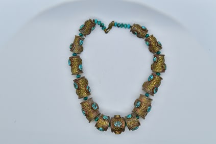 Fine Vintage Antique Traditional Tibetan Handmade Brass Turquoise Stone Necklace