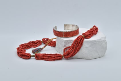 Two Vintage Native American Hand-Made Coral Silver Bracelet & Necklace