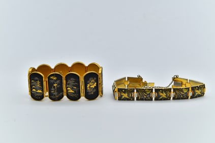 Two Vintage Japanese Amita Damascene Panel Link Scenic Bracelet