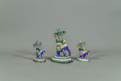 Set of 3 Antique Indian Mughal Enamel on Silver Elephant & Figures