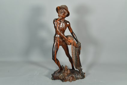 Vintage Balinese Wood Carving Fisherman Sculpture, Marked on Bottom