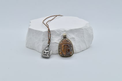 A Carved Tiger Eye Buddha Head Face Pendant & A 925 Sterling Silver Buddha Figurine Statue