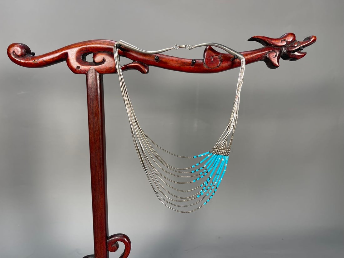 Fine Vintage Southwestern Sterling Silver 10 Strands Turquoise Necklace: Fine Vintage Southwestern Sterling Silver 10 Strands Turquoise Necklace. Total length 10", Total weight 22.4g, (Stand Not Included)