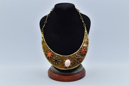 Unique Vintage Customized Brass Half Moon Necklace with 5 Oval Fire Opal Stones Inlaid