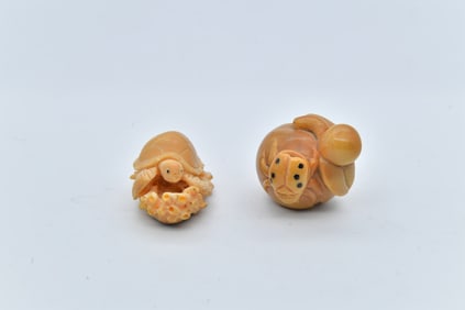 Two Lovely Old Nut Carved Netsuke of Turtle & Beetle