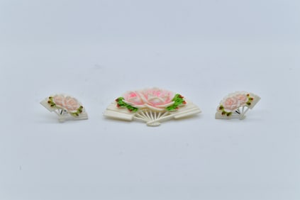 Exquisite & Unique Vintage Customized Bone Carving Brooch & Pair of Earrings