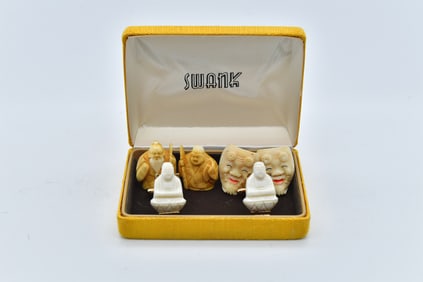 Set of 3 Pair Unique Vintage Hand-Carved Bone Figurine Cufflinks
