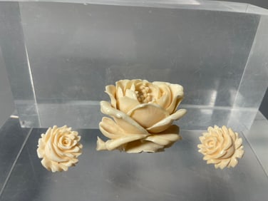 Exquisite & Unique Vintage Customized Bone Carving Peony Brooch & Pair of Floral Earings