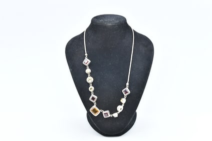 Vintage Classic Multi Gemstone 925 Sterling Silver Necklace