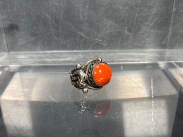 Vintage Antique Handmade Natual Coral Silver Ring w/Chinese Characters Silver Mark & Maker Stamp